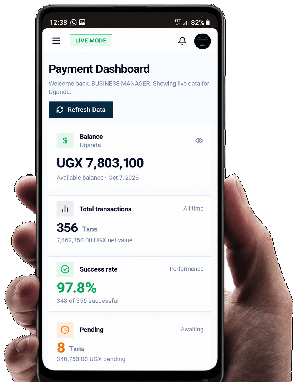 TavuPay merchant dashboard on a phone
